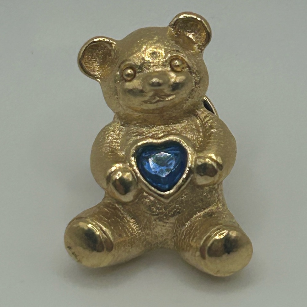 AVON VTG Gold-Tone Teddy Bear Lapel Pin with Heart-Shaped Birthstone (September)